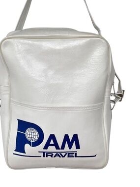 Pam Travel Original Vtg Tote Carry On Bag White Blue Shoulder Strap Airlines